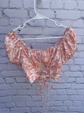 Cream Rust Paisley Puff Sleeve Tie Front Crop Top